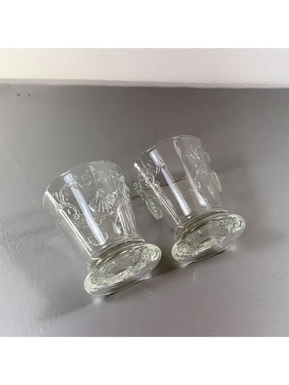 La Rochère France Clear Glass Mer Shell Footed Tumbler Juice Glasses Pair